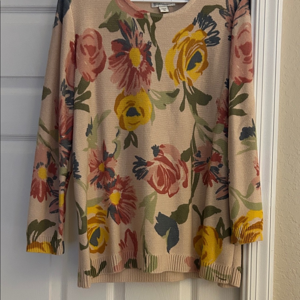 Coldwater Creek Floral Crew Neck Sweater - Pink, Yellow, Green
